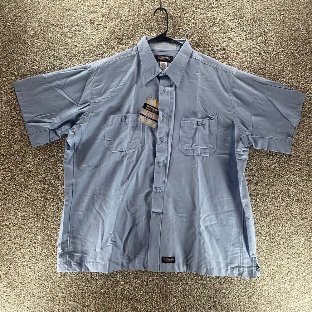 Wrangler Workwear Shirt Mens 3XL Blue Canvas Button Up Pockets Short Sleeve Logo